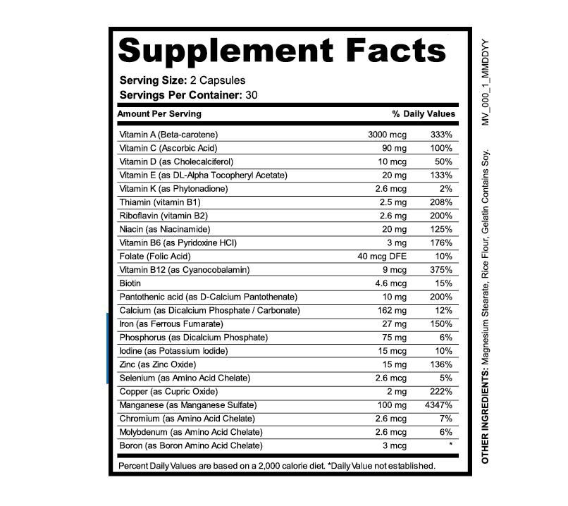 Supplement Facts for Daily MultiVitamin